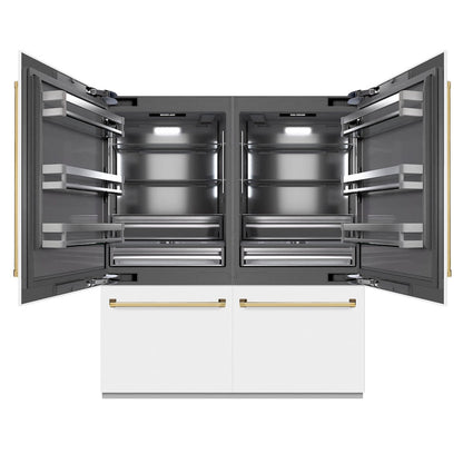 ZLINE Autograph Edition 72 in. 39.6 cu. ft. French Door Built-In Bottom Freezer Refrigerator with Water Dispensers and Ice Makers in White Matte with Graphite Gray Interior and Polished Gold Accents (GRBITZ-WM-72-G)