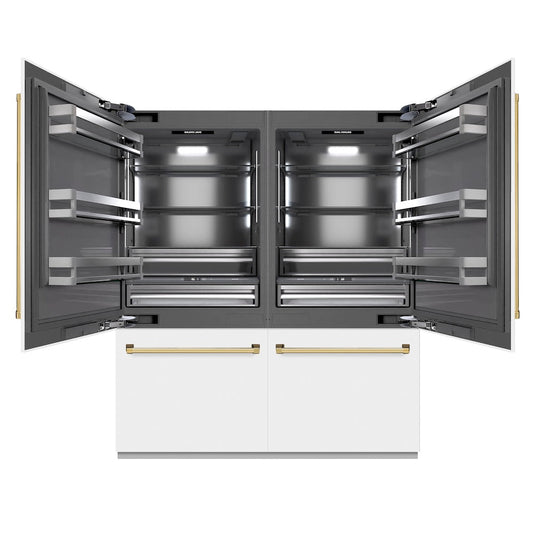 ZLINE Autograph Edition 72 in. 39.6 cu. ft. French Door Built-In Bottom Freezer Refrigerator with Water Dispensers and Ice Makers in White Matte with Graphite Gray Interior and Polished Gold Accents (GRBITZ-WM-72-G)