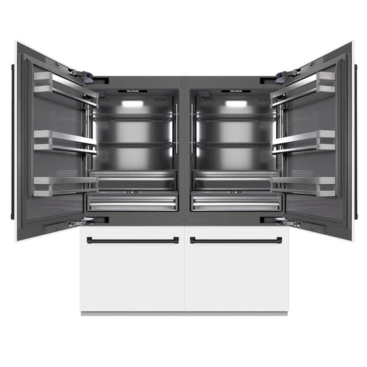 ZLINE Autograph Edition 72 in. 39.6 cu. ft. French Door Built-In Bottom Freezer Refrigerator with Water Dispensers and Ice Makers in White Matte with Graphite Gray Interior and Matte Black Accents (GRBITZ-WM-72-MB)