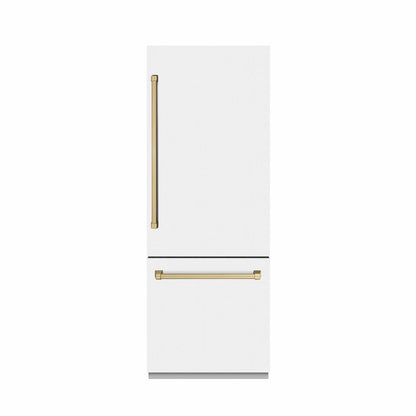 ZLINE Autograph Edition 30 in. 16.1 cu. ft. Built-In Bottom Freezer Refrigerator with Water Dispenser and Ice Maker in White Matte with Graphite Gray Interior and Champagne Bronze Accents (GRBIVZ-WM-30-CB)