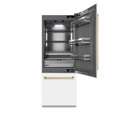 ZLINE Autograph Edition 30 in. 16.1 cu. ft. Built-In Bottom Freezer Refrigerator with Water Dispenser and Ice Maker in White Matte with Graphite Gray Interior and Champagne Bronze Accents (GRBIVZ-WM-30-CB)