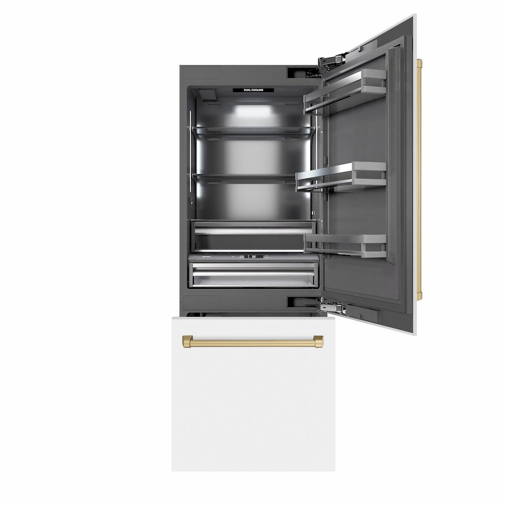 ZLINE Autograph Edition 30 in. 16.1 cu. ft. Built-In Bottom Freezer Refrigerator with Water Dispenser and Ice Maker in White Matte with Graphite Gray Interior and Champagne Bronze Accents (GRBIVZ-WM-30-CB)