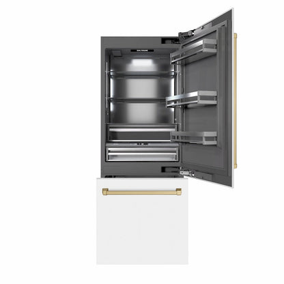 ZLINE Autograph Edition 30 in. 16.1 cu. ft. Built-In Bottom Freezer Refrigerator with Water Dispenser and Ice Maker in White Matte with Graphite Gray Interior and Champagne Bronze Accents (GRBIVZ-WM-30-CB)