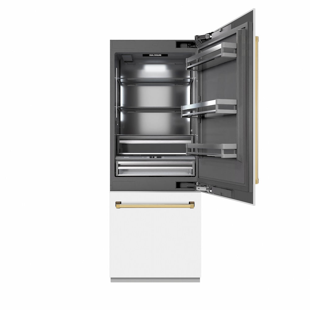ZLINE Autograph Edition 30 in. 16.1 cu. ft. Built-In Bottom Freezer Refrigerator with Water Dispenser and Ice Maker in White Matte with Graphite Gray Interior and Polished Gold Accents (GRBIVZ-WM-30-G)
