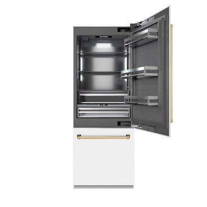ZLINE Autograph Edition 30 in. 16.1 cu. ft. Built-In Bottom Freezer Refrigerator with Water Dispenser and Ice Maker in White Matte with Graphite Gray Interior and Polished Gold Accents (GRBIVZ-WM-30-G)