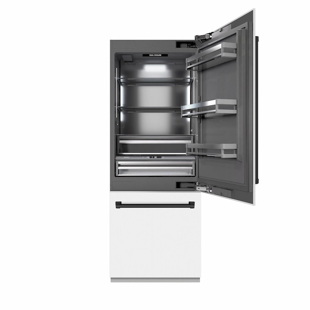 ZLINE Autograph Edition 30 in. 16.1 cu. ft. Built-In Bottom Freezer Refrigerator with Water Dispenser and Ice Maker in White Matte with Graphite Gray Interior and Matte Black Accents (GRBIVZ-WM-30-MB)