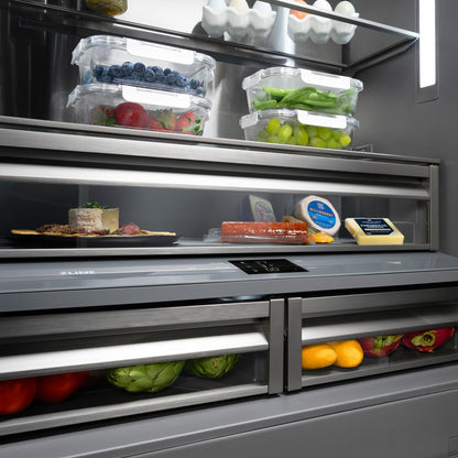 ZLINE Autograph Edition 36 in. 19.6 cu. ft. French Door Built-In Bottom Freezer Refrigerator with Water Dispenser and Ice Maker in White Matte with Graphite Gray Interior and Polished Gold Accents (GRBIVZ-WM-36-G)