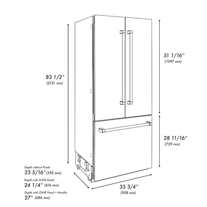 ZLINE Autograph Edition 36 in. 19.6 cu. ft. French Door Built-In Bottom Freezer Refrigerator with Water Dispenser and Ice Maker in White Matte with Graphite Gray Interior and Polished Gold Accents (GRBIVZ-WM-36-G)