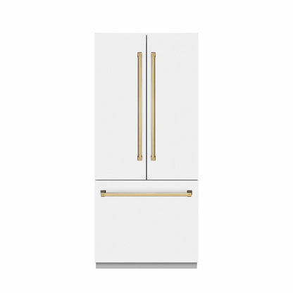 ZLINE Autograph Edition 36 in. 19.6 cu. ft. French Door Built-In Bottom Freezer Refrigerator with Water Dispenser and Ice Maker in White Matte with Graphite Gray Interior and Polished Gold Accents (GRBIVZ-WM-36-G)