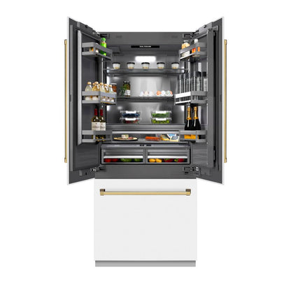 ZLINE Autograph Edition 36 in. 19.6 cu. ft. French Door Built-In Bottom Freezer Refrigerator with Water Dispenser and Ice Maker in White Matte with Graphite Gray Interior and Polished Gold Accents (GRBIVZ-WM-36-G)