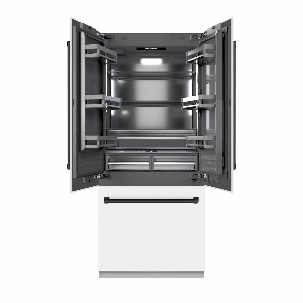 ZLINE Autograph Edition 36 in. 19.6 cu. ft. French Door Built-In Bottom Freezer Refrigerator with Water Dispenser and Ice Maker in White Matte with Graphite Gray Interior and Matte Black Accents (GRBIVZ-WM-36-MB)