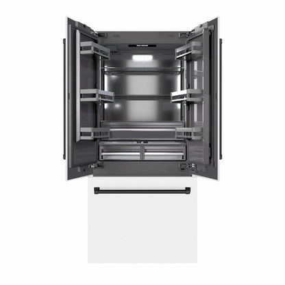 ZLINE Autograph Edition 36 in. 19.6 cu. ft. French Door Built-In Bottom Freezer Refrigerator with Water Dispenser and Ice Maker in White Matte with Graphite Gray Interior and Matte Black Accents (GRBIVZ-WM-36-MB)