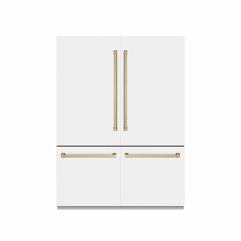 ZLINE Autograph Edition 60 in. 32.2 cu. ft. French Door Built-In Bottom Freezer Refrigerator with Water Dispenser and Ice Maker in White Matte with Graphite Gray Interior and Champagne Bronze Accents (GRBIVZ-WM-60-CB)