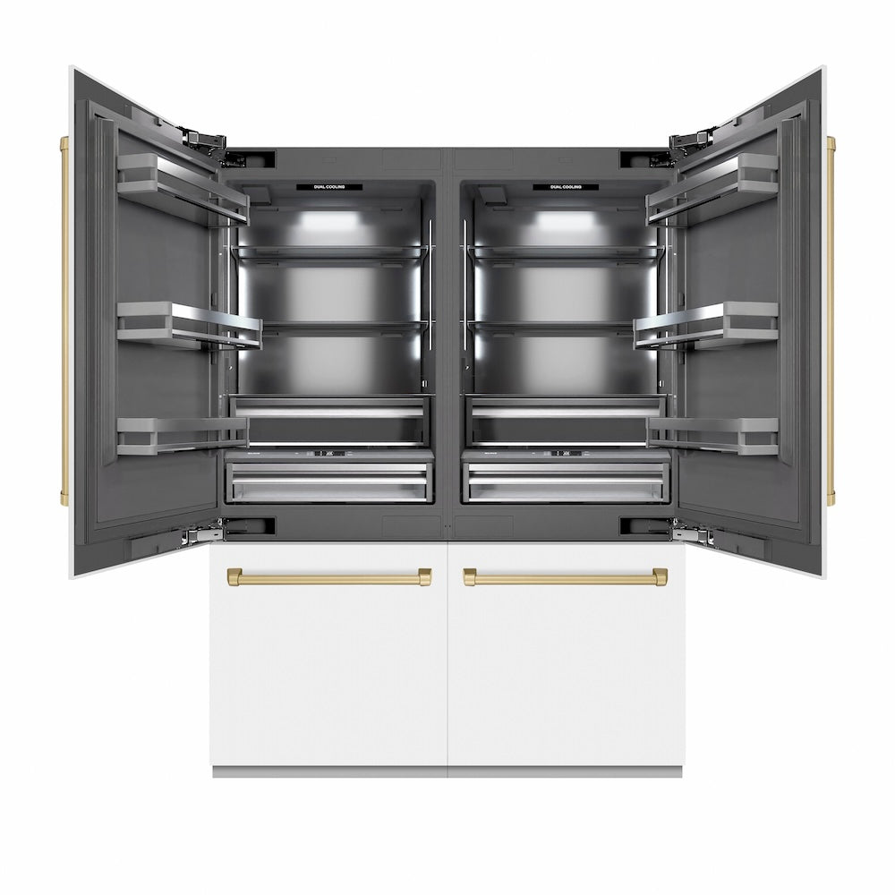 ZLINE Autograph Edition 60 in. 32.2 cu. ft. French Door Built-In Bottom Freezer Refrigerator with Water Dispenser and Ice Maker in White Matte with Graphite Gray Interior and Champagne Bronze Accents (GRBIVZ-WM-60-CB)