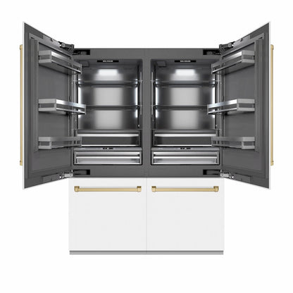 ZLINE Autograph Edition 60 in. 32.2 cu. ft. French Door Built-In Bottom Freezer Refrigerator with Water Dispenser and Ice Maker in White Matte with Graphite Gray Interior and Champagne Bronze Accents (GRBIVZ-WM-60-CB)