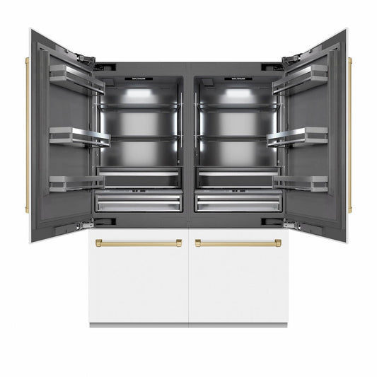 ZLINE Autograph Edition 60 in. 32.2 cu. ft. French Door Built-In Bottom Freezer Refrigerator with Water Dispenser and Ice Maker in White Matte with Graphite Gray Interior and Champagne Bronze Accents (GRBIVZ-WM-60-CB)