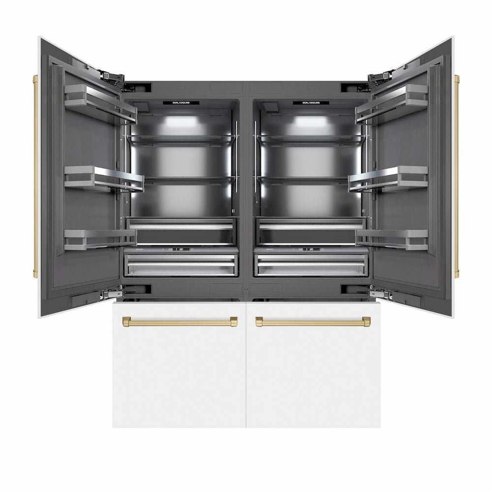 ZLINE Autograph Edition 60 in. 32.2 cu. ft. French Door Built-In Bottom Freezer Refrigerator with Water Dispenser and Ice Maker in White Matte with Graphite Gray Interior and Champagne Bronze Accents (GRBIVZ-WM-60-CB)