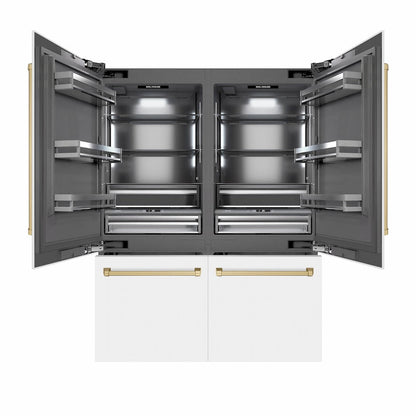 ZLINE Autograph Edition 60 in. 32.2 cu. ft. French Door Built-In Bottom Freezer Refrigerator with Water Dispenser and Ice Maker in White Matte with Graphite Gray Interior and Champagne Bronze Accents (GRBIVZ-WM-60-CB)