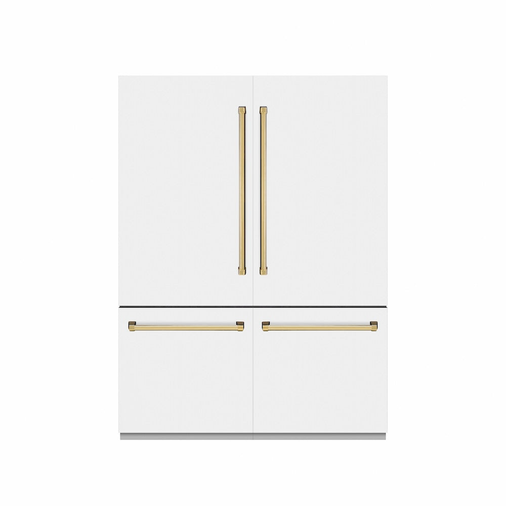 ZLINE Autograph Edition 60 in. 32.2 cu. ft. French Door Built-In Bottom Freezer Refrigerator with Water Dispenser and Ice Maker in White Matte with Graphite Gray Interior and Polished Gold Accents (GRBIVZ-WM-60-G)
