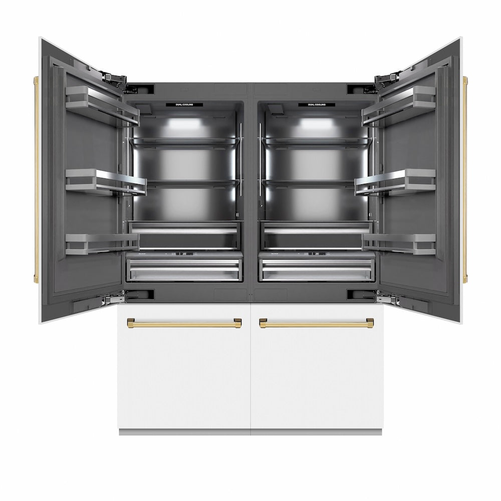 ZLINE Autograph Edition 60 in. 32.2 cu. ft. French Door Built-In Bottom Freezer Refrigerator with Water Dispenser and Ice Maker in White Matte with Graphite Gray Interior and Polished Gold Accents (GRBIVZ-WM-60-G)
