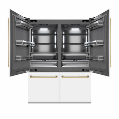 ZLINE Autograph Edition 60 in. 32.2 cu. ft. French Door Built-In Bottom Freezer Refrigerator with Water Dispenser and Ice Maker in White Matte with Graphite Gray Interior and Polished Gold Accents (GRBIVZ-WM-60-G)