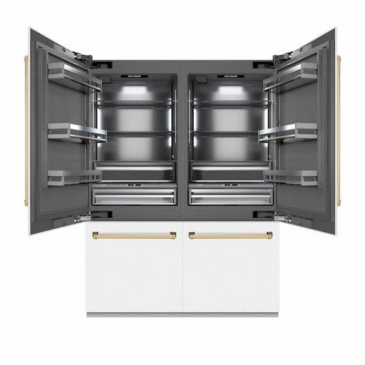 ZLINE Autograph Edition 60 in. 32.2 cu. ft. French Door Built-In Bottom Freezer Refrigerator with Water Dispenser and Ice Maker in White Matte with Graphite Gray Interior and Polished Gold Accents (GRBIVZ-WM-60-G)