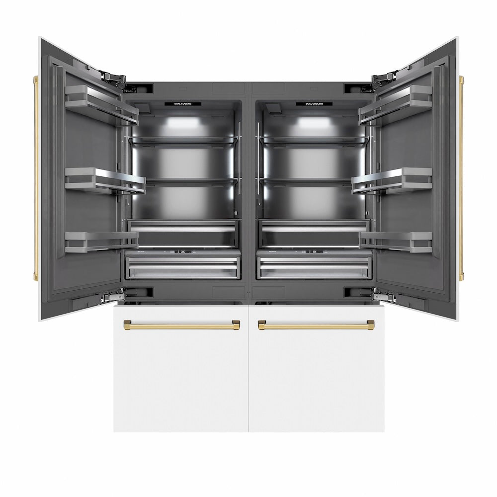 ZLINE Autograph Edition 60 in. 32.2 cu. ft. French Door Built-In Bottom Freezer Refrigerator with Water Dispenser and Ice Maker in White Matte with Graphite Gray Interior and Polished Gold Accents (GRBIVZ-WM-60-G)