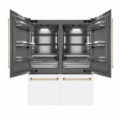 ZLINE Autograph Edition 60 in. 32.2 cu. ft. French Door Built-In Bottom Freezer Refrigerator with Water Dispenser and Ice Maker in White Matte with Graphite Gray Interior and Polished Gold Accents (GRBIVZ-WM-60-G)