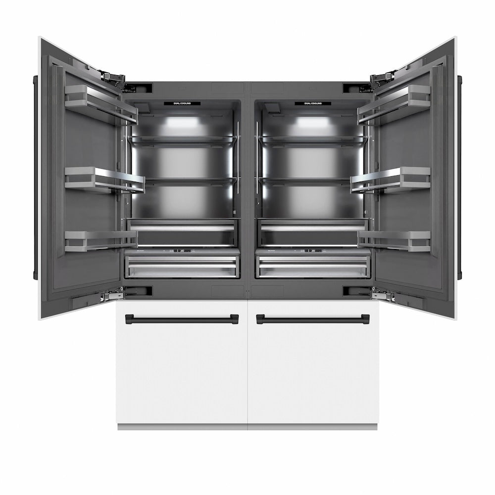 ZLINE Autograph Edition 60 in. 32.2 cu. ft. French Door Built-In Bottom Freezer Refrigerator with Water Dispenser and Ice Maker in White Matte with Graphite Gray Interior and Matte Black Accents (GRBIVZ-WM-60-MB)