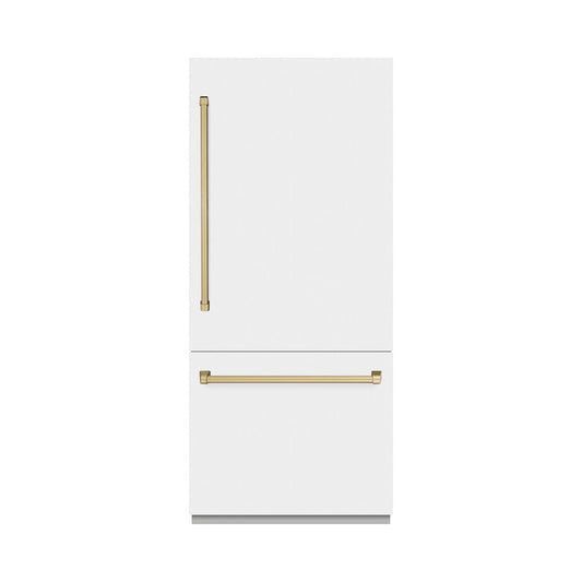 ZLINE Autograph Edition 36 in. 19.8 cu. ft. Built-In Bottom Freezer Refrigerator with Water Dispenser and Ice Maker in White Matte and Champagne Bronze Accents (RBITZ-WM-36-CB)