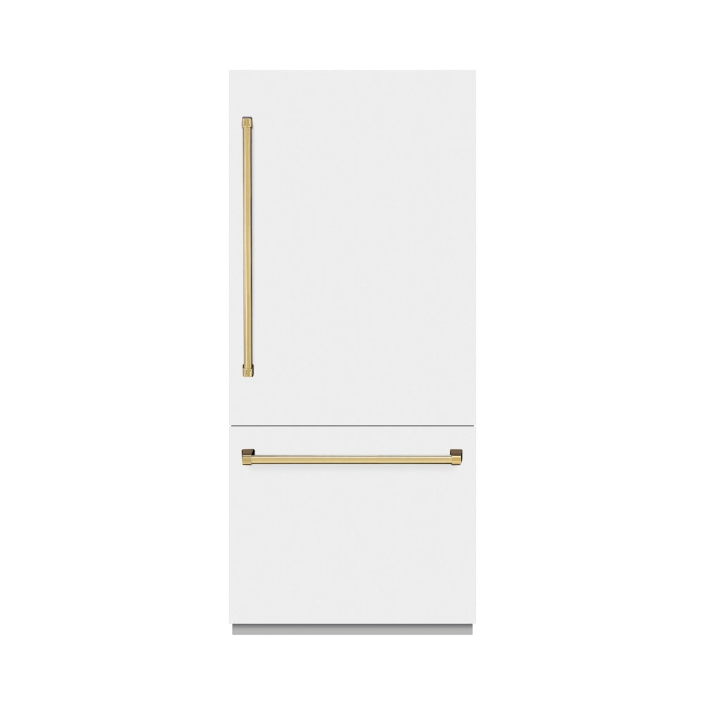 ZLINE Autograph Edition 36 in. 19.8 cu. ft. Built-In Bottom Freezer Refrigerator with Water Dispenser and Ice Maker in White Matte and Polished Gold Accents (RBITZ-WM-36-G)