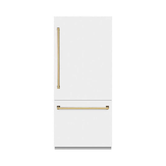 ZLINE Autograph Edition 36 in. 19.8 cu. ft. Built-In Bottom Freezer Refrigerator with Water Dispenser and Ice Maker in White Matte and Polished Gold Accents (RBITZ-WM-36-G)