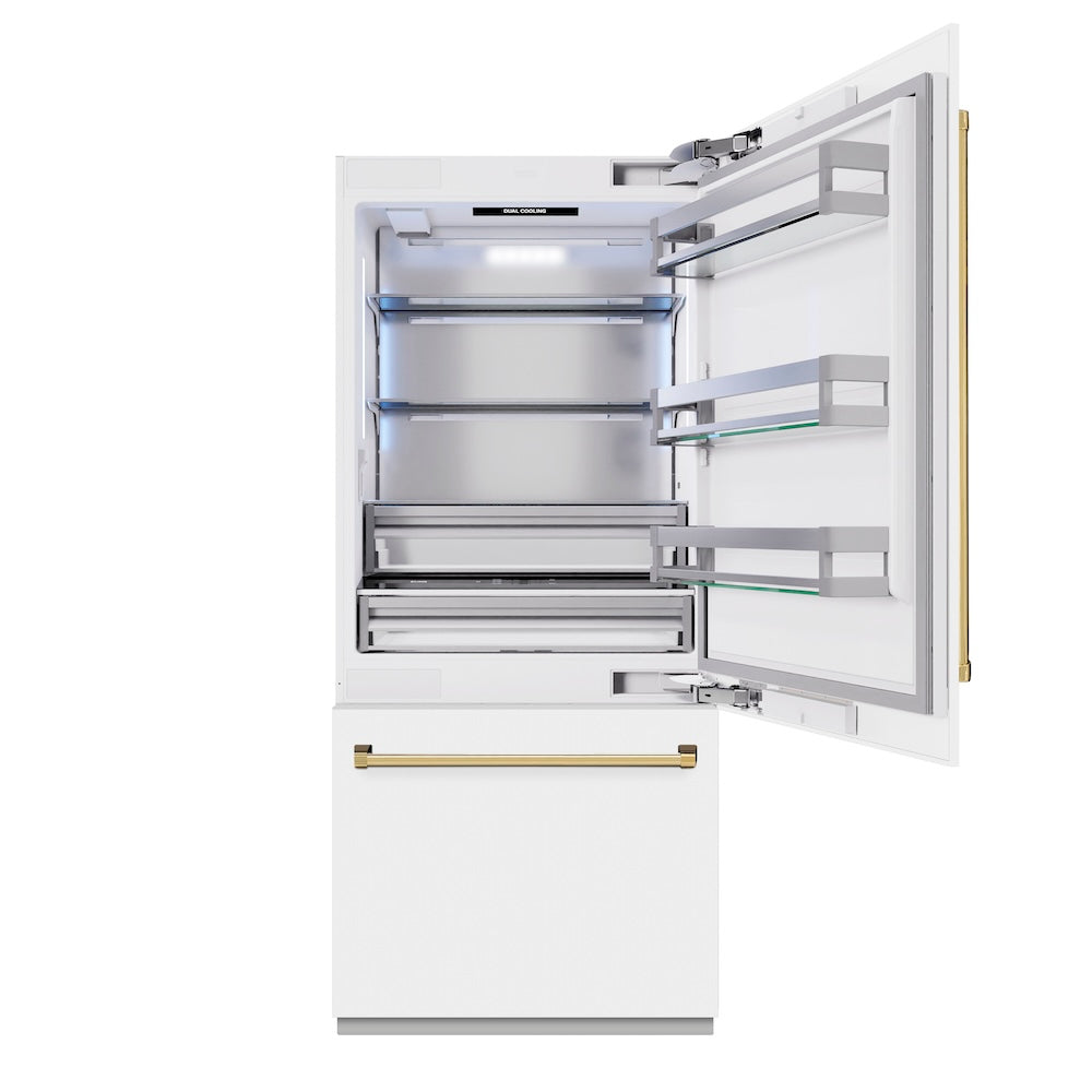 ZLINE Autograph Edition 36 in. 19.8 cu. ft. Built-In Bottom Freezer Refrigerator with Water Dispenser and Ice Maker in White Matte and Polished Gold Accents (RBITZ-WM-36-G)