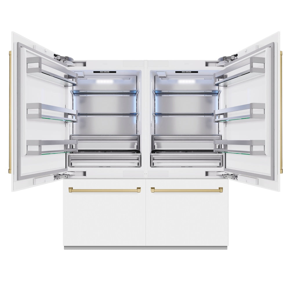 ZLINE Autograph Edition 72 in. 39.6 cu. ft. French Door Built-In Bottom Freezer Refrigerator with Water Dispensers and Ice Makers in White Matte and Champagne Bronze Accents (RBITZ-WM-72-CB)