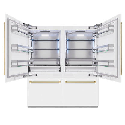 ZLINE Autograph Edition 72 in. 39.6 cu. ft. French Door Built-In Bottom Freezer Refrigerator with Water Dispensers and Ice Makers in White Matte and Champagne Bronze Accents (RBITZ-WM-72-CB)