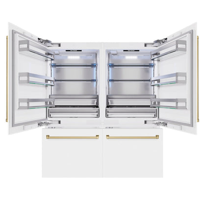 ZLINE Autograph Edition 72 in. 39.6 cu. ft. French Door Built-In Bottom Freezer Refrigerator with Water Dispensers and Ice Makers in White Matte and Champagne Bronze Accents (RBITZ-WM-72-CB)