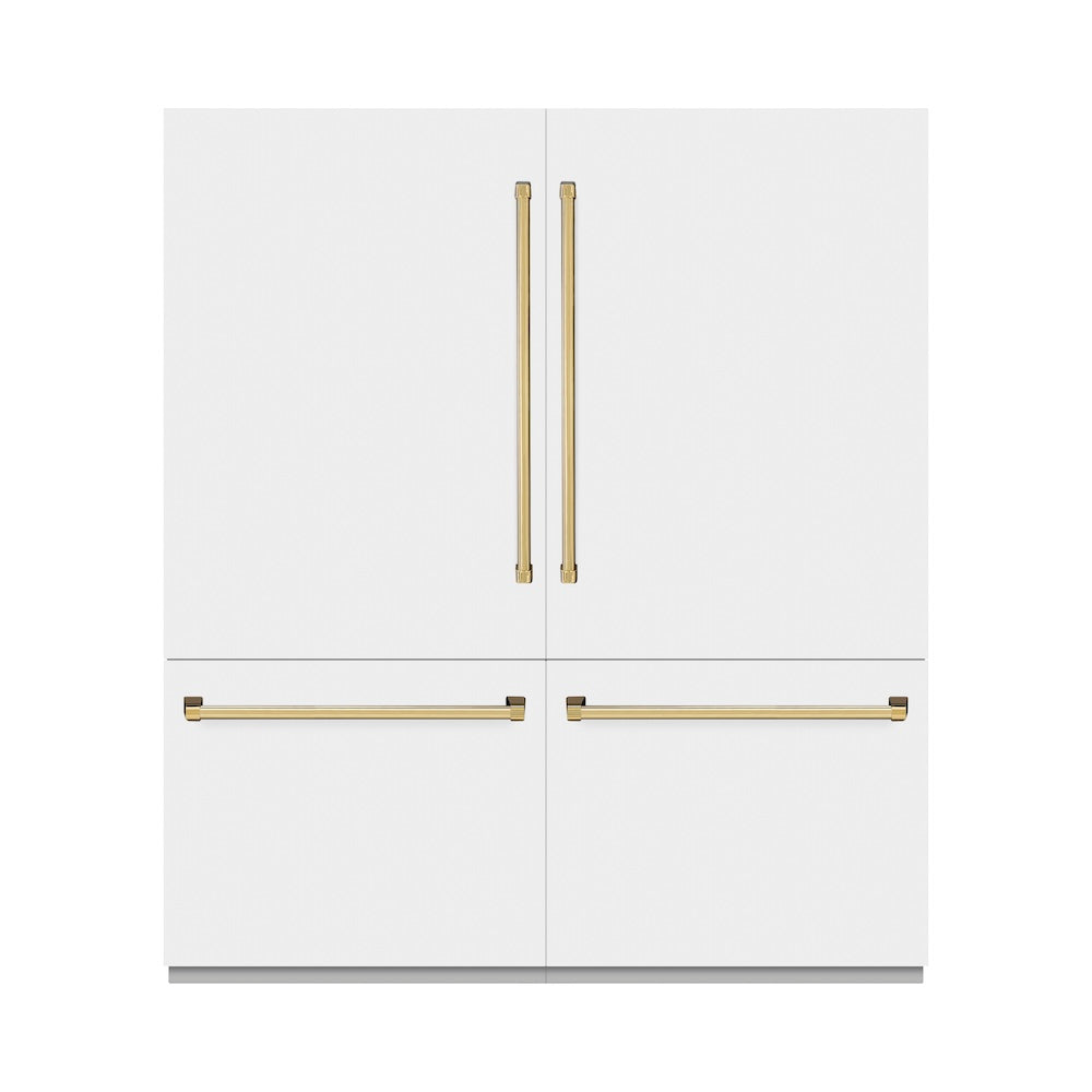 ZLINE Autograph Edition 72 in. 39.6 cu. ft. French Door Built-In Bottom Freezer Refrigerator with Water Dispensers and Ice Makers in White Matte and Polished Gold Accents (RBITZ-WM-72-G)