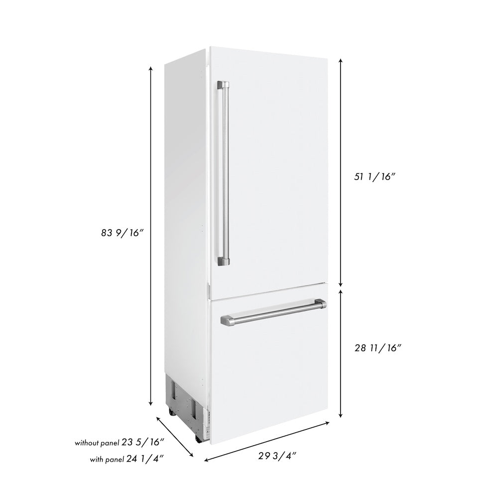 ZLINE 30 in. 16.1 cu. ft. Built-In Bottom Freezer Refrigerator with Water Dispenser and Ice Maker in White Matte (RBIV-WM-30)