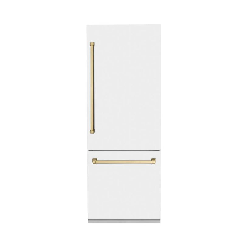 ZLINE Autograph Edition 30 in. 16.1 cu. ft. Built-In Bottom Freezer Refrigerator with Water Dispenser and Ice Maker in White Matte with Champagne Bronze Accents (RBIVZ-WM-30-CB)