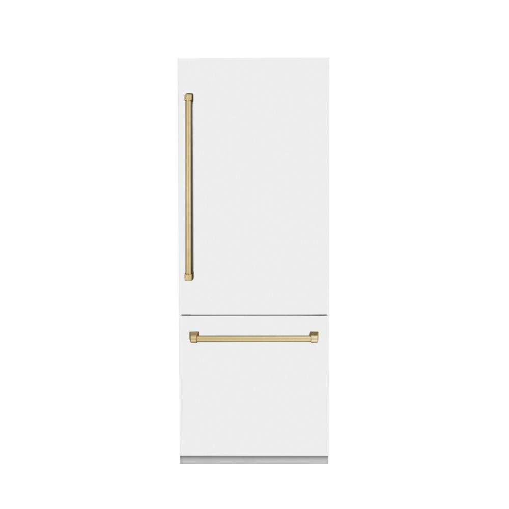 ZLINE Autograph Edition 30 in. 16.1 cu. ft. Built-In Bottom Freezer Refrigerator with Water Dispenser and Ice Maker in White Matte with Champagne Bronze Accents (RBIVZ-WM-30-CB)