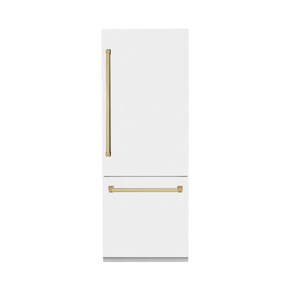 ZLINE Autograph Edition 30 in. 16.1 cu. ft. Built-In Bottom Freezer Refrigerator with Water Dispenser and Ice Maker in White Matte with Polished Gold Accents (RBIVZ-WM-30-G)