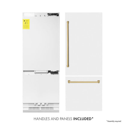 ZLINE Autograph Edition 30 in. 16.1 cu. ft. Built-In Bottom Freezer Refrigerator with Water Dispenser and Ice Maker in White Matte with Polished Gold Accents (RBIVZ-WM-30-G)