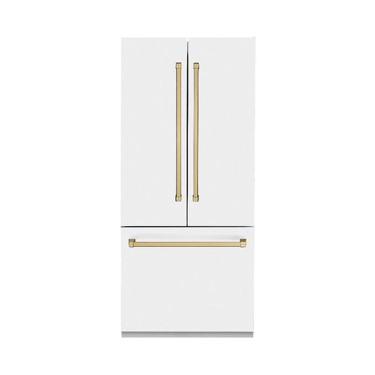 ZLINE Autograph Edition 36 in. 19.6 cu. ft. French Door Built-In Bottom Freezer Refrigerator with Water Dispenser and Ice Maker in White Matte with Champagne Bronze Accents (RBIVZ-WM-36-CB)
