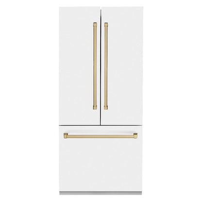 ZLINE Autograph Edition 36 in. 19.6 cu. ft. French Door Built-In Bottom Freezer Refrigerator with Water Dispenser and Ice Maker in White Matte with Champagne Bronze Accents (RBIVZ-WM-36-CB)