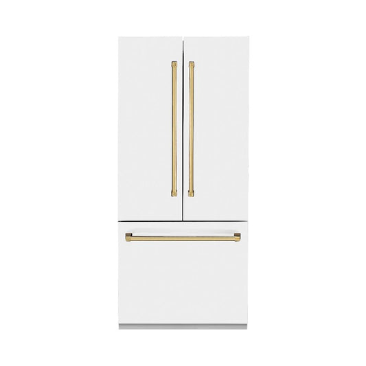 ZLINE Autograph Edition 36 in. 19.6 cu. ft. French Door Built-In Bottom Freezer Refrigerator with Water Dispenser and Ice Maker in White Matte with Polished Gold Accents (RBIVZ-WM-36-G)