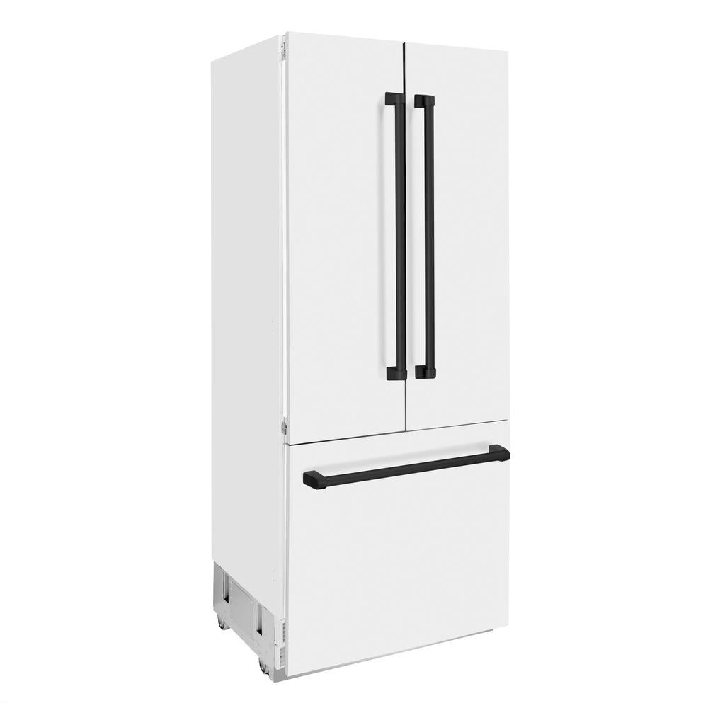 ZLINE Autograph Edition 36 in. 19.6 cu. ft. French Door Built-In Bottom Freezer Refrigerator with Water Dispenser and Ice Maker in White Matte with Matte Black Accents (RBIVZ-WM-36-MB)