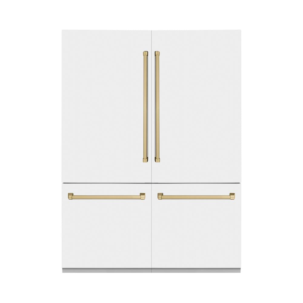 ZLINE Autograph Edition 60 in. 32.2 cu. ft. French Door Built-In Bottom Freezer Refrigerator with Water Dispenser and Ice Maker in White Matte with Champagne Bronze Accents (RBIVZ-WM-60-CB)