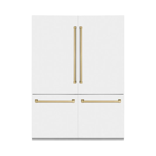 ZLINE Autograph Edition 60 in. 32.2 cu. ft. French Door Built-In Bottom Freezer Refrigerator with Water Dispenser and Ice Maker in White Matte with Champagne Bronze Accents (RBIVZ-WM-60-CB)