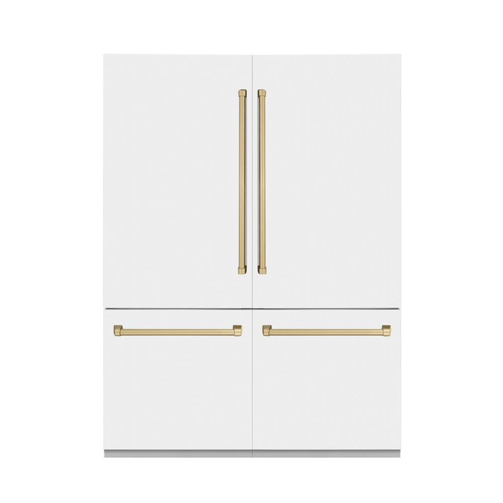 ZLINE Autograph Edition 60 in. 32.2 cu. ft. French Door Built-In Bottom Freezer Refrigerator with Water Dispenser and Ice Maker in White Matte with Champagne Bronze Accents (RBIVZ-WM-60-CB)