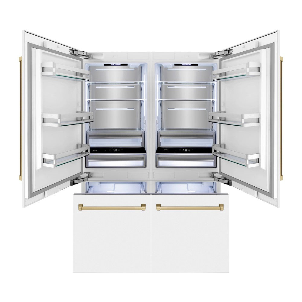 ZLINE Autograph Edition 60 in. 32.2 cu. ft. French Door Built-In Bottom Freezer Refrigerator with Water Dispenser and Ice Maker in White Matte with Champagne Bronze Accents (RBIVZ-WM-60-CB)